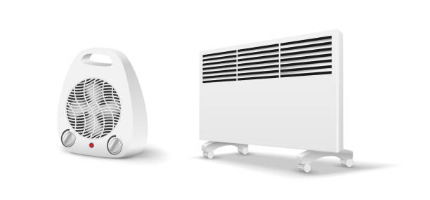Electric heaters set: heat fan and oil radiator devices for heating indoors during cold season Electric heaters set: heat fan and oil radiator devices for autonomic heating indoors during cold season. Heating appliances set. 3d vector illustration electric heater stock illustrations