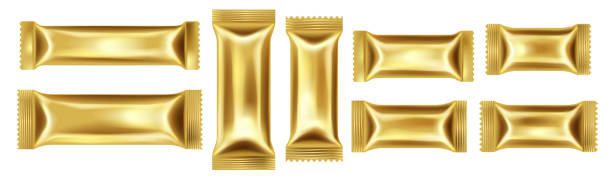 istock Set of realistic flow golden package for chocolate bar. Snack packing for cookies, biscuit, sweets 1350714212