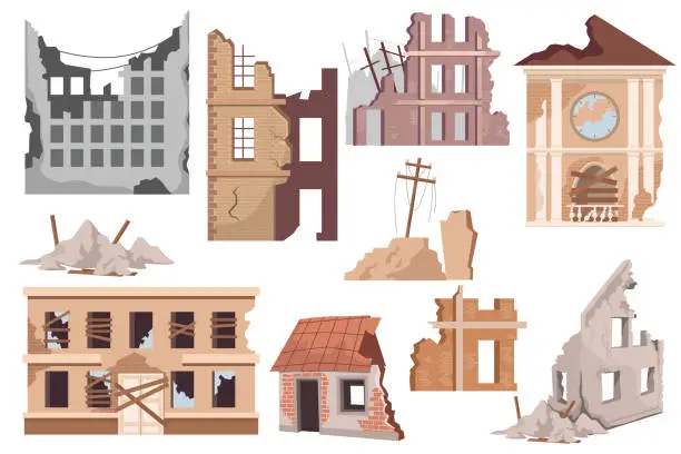 Vector illustration of Set Destroyed City Buildings, Post-apocalyptic War Destruction, Abandoned Town Infrastructure. Natural Disaster