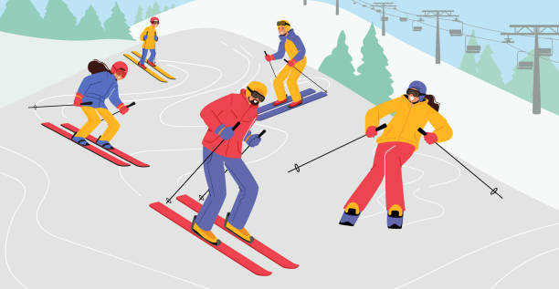 glückliche menschen, die skier auf schneehängen im winter resort fahren. wintersaison urlaub aktivität. sportlerinnen haben spaß - skiing ski winter sport freestyle skiing stock-grafiken, -clipart, -cartoons und -symbole