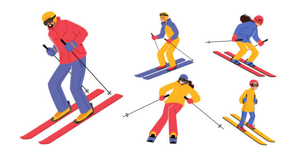 setzen sie skifahrer, menschen skifahren isoliert auf weißem hintergrund. wintersaison erholung, sportliche aktivität, slalom sport skirennen - skiing ski winter sport freestyle skiing stock-grafiken, -clipart, -cartoons und -symbole