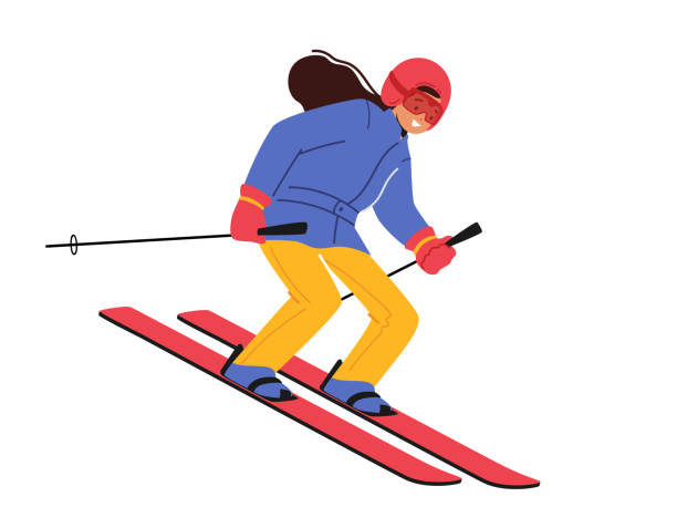 Little Girl Skiing Isolated on White Background. Child Wearing Warm Sportive Costume and Goggles Going Downhill by Skis Little Girl Skiing Isolated on White Background. Child Wearing Warm Sportive Costume and Goggles Going Downhill by Skis. Winter Sports, Outdoors Leisure, Active Spare Time. Cartoon Vector Illustration kids snow suits stock illustrations