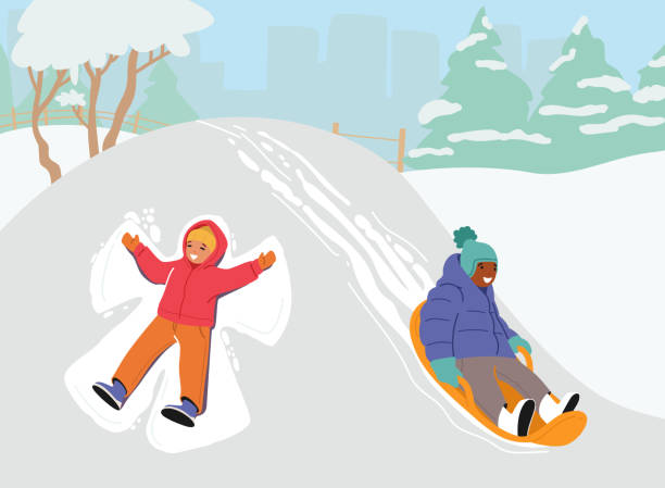 счастливые дети зимние развлечения. маленькие друзья отдых на открытом воздухе, дети катаются вниз по склону горки веселятся на праздниках - little boys sled clothing slide stock illustrations
