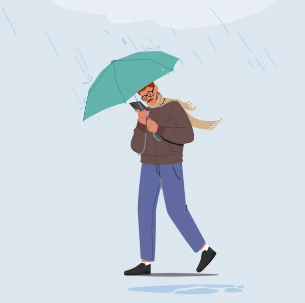 Vector illustration of Drenched Passerby Male Character Walking at Rain with Smartphone in Hands under Umbrella. Man Reading Messages