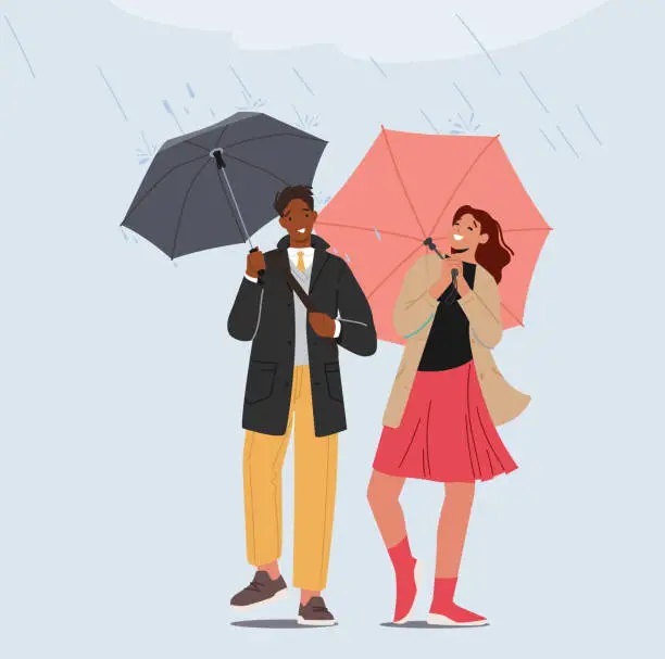 Vector illustration of Happy Loving Couple Walking in Rainy Autumn Weather under Umbrella, Young People Speaking, Enjoying Relations, Love