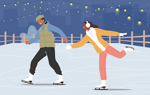 Happy Couple of Teenagers Skate at Night City Ice Rinks, Outdoor Activities at Winter Park. Christmas Leisure, Family Holidays Spare Time. Characters Figure Skating. Cartoon People Vector Illustration