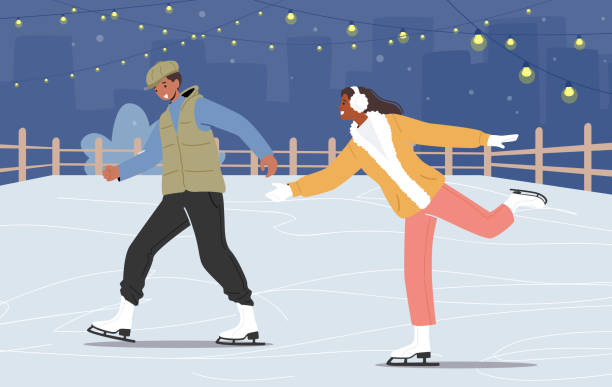 Happy Couple of Teenagers Skate at Night City Ice Rinks, Outdoor Activities at Winter Park. Family Christmas Holidays Happy Couple of Teenagers Skate at Night City Ice Rinks, Outdoor Activities at Winter Park. Christmas Leisure, Family Holidays Spare Time. Characters Figure Skating. Cartoon People Vector Illustration ice skating vector stock illustrations