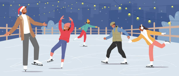 ilustraciones, imágenes clip art, dibujos animados e iconos de stock de gente feliz con ropa de abrigo patinando en un estanque congelado. patinadores en pista de hielo participaron en actividades y deportes de invierno - ice skating