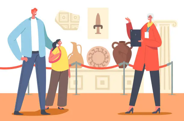 Vector illustration of Tourists Father with Daughter Visiting Ancient History Museum, Watching Old Crockery, Armor, Weapon and Vases with Guide