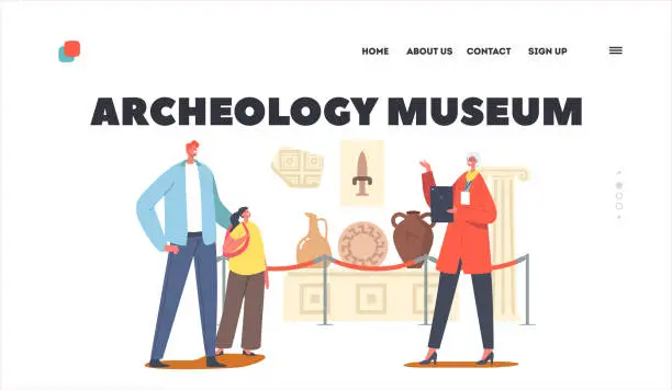 Vector illustration of Father with Daughter Visiting Archeology Museum Landing Page Template. Tourists Watching Old Crockery, Armor