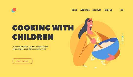 Cooking with Children Landing Page Template. Woman Mixing Dough in Bowl, Female Character Cook Bakery or Pastry
