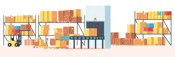 Vector illustration of Warehouse Interior with Cardboard Boxes on Racks, Conveyor Belt and Forklift Machine. Robotic Storehouse with Goods