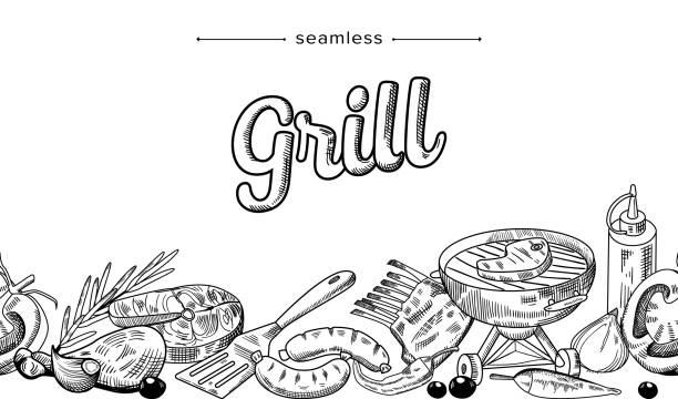 Grill Food Doodle Seamless Pattern. Monochrome Drawing with Meat or Fish Steaks, Sausages, Barbecue Machine, Turner Grill Food Doodle Seamless Pattern. Monochrome Drawing with Meat or Fish Steaks, Sausages, Barbecue Machine, Turner, Vegetables and Herbs, Mustard, Onion for Cooking Bbq. Linear Vector Illustration meat borders stock illustrations