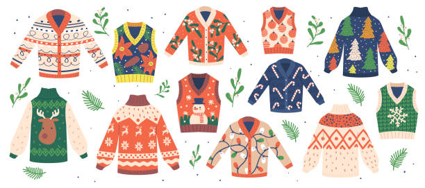 set aus traditionellem weihnachts-hässlichen pullover auf weißem hintergrund isoliert. gestrickter winter-weihnachtspullover mit lustigem ornament - häßlichkeit stock-grafiken, -clipart, -cartoons und -symbole