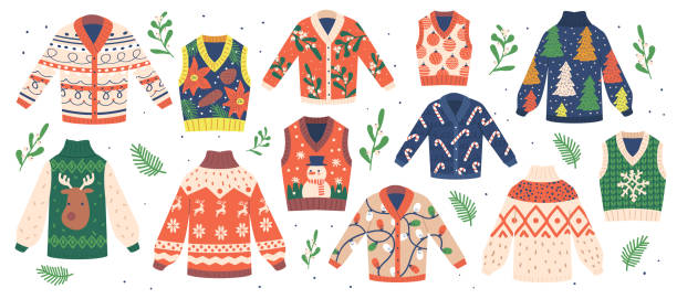 흰색 배경에 고립 된 전통적인 크리스마스 못생긴 스웨터 세트. 재미있는 장식과 니트 겨울 xmas 풀오버 - ugliness stock illustrations