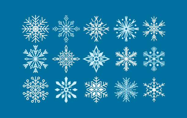 ilustrações, clipart, desenhos animados e ícones de conjunto de vários flocos de neve fantasia no fundo azul. padrão de neve do feriado de natal, decoração - snowflake