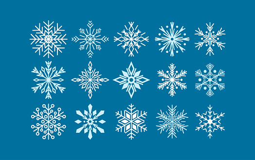 Set of Various Fantasy Snow Flakes on Blue Background. Christmas Winter Holiday Snow Pattern, Decoration