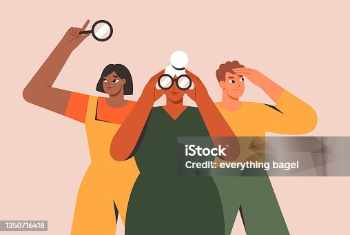 istock Search, recruitment, business strategy concept. Group of people looking in binoculars, magnifying glass. Exploring opportunity, predicting future, forecasting 1350716418