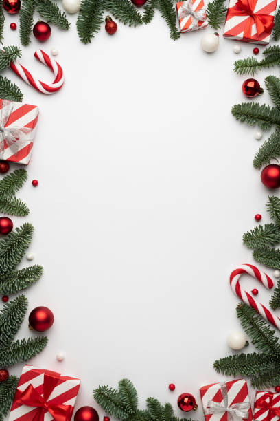 istock Christmas card with festive decor on white background 1350717375