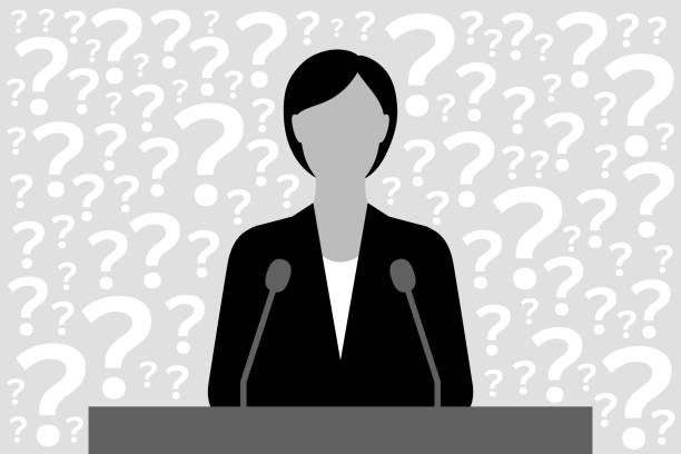 Political person or businesswoman at podium and many question marks vector art illustration
