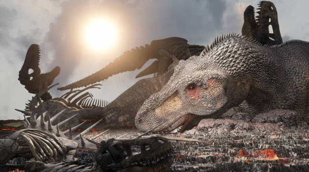 istock dead dinosaur bodies, dinosaur skeletons after extinction 3d render 1350720895