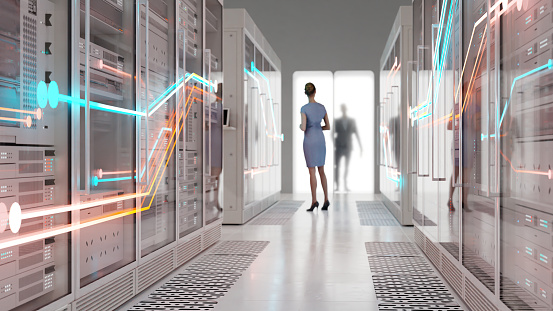 Modern data center interior, all objects in the scene are 3D