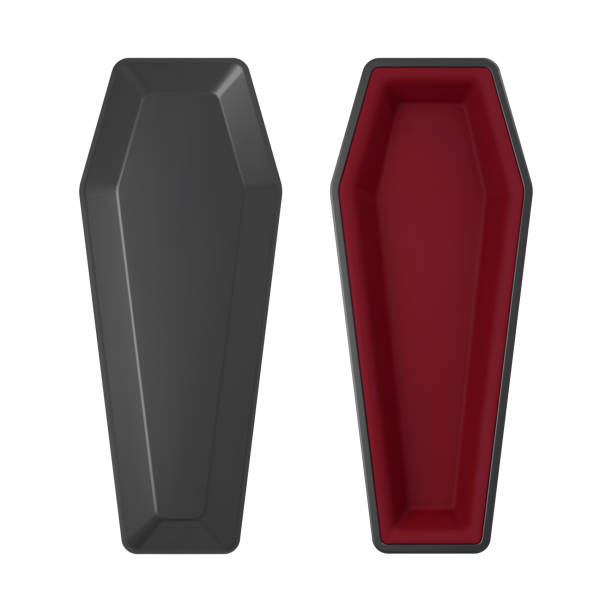 Realistic vector black coffin with red upholstery. Open and closed casket. Realistic vector black coffin with red upholstery. Open and closed casket coffin stock illustrations