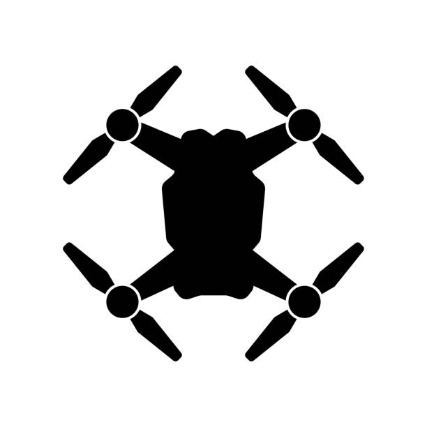 illustrazioni stock, clip art, cartoni animati e icone di tendenza di macchina volante con icona della fotocamera. icona quadrocopter. silhouette nera. vista dall'alto. illustrazione grafica vettoriale piatta. oggetto isolato su sfondo bianco. isolare. - drone