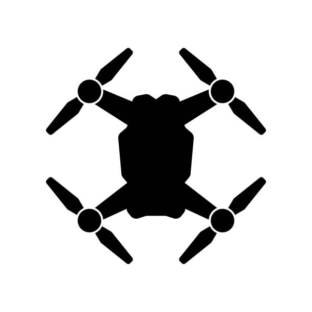 Flying machine with camera icon. Quadrocopter icon. Black silhouette. Top view. Vector flat graphic illustration. The isolated object on a white background. Isolate. Flying machine with camera icon. Quadrocopter icon. Black silhouette. Top view. Vector flat graphic illustration. The isolated object on a white background. Isolate. drone stock illustrations
