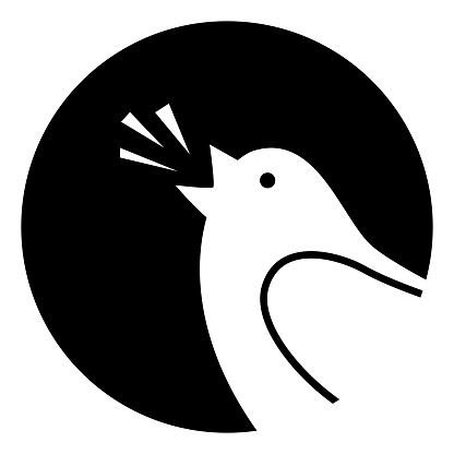 Vector illustration of a white bird chirping on a black circle background.