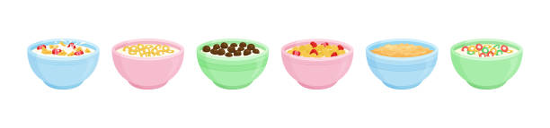 illustrations, cliparts, dessins animés et icônes de petit-déjeuner au lait de céréales dans un bol vectoriel, flocons de maïs et bouillie d’avoine isolés sur fond blanc. illustration de nourriture sucrée pour enfants - croustillant