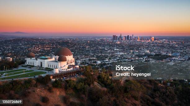 Aerial View Of Griffith Observatory And Los Angeles City Skyline At Sunset Stock Photo - Download Image Now
