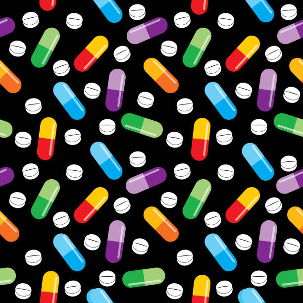 illustrazioni stock, clip art, cartoni animati e icone di tendenza di colorfull pills modello senza cuciture - painkiller pill capsule birth control pill