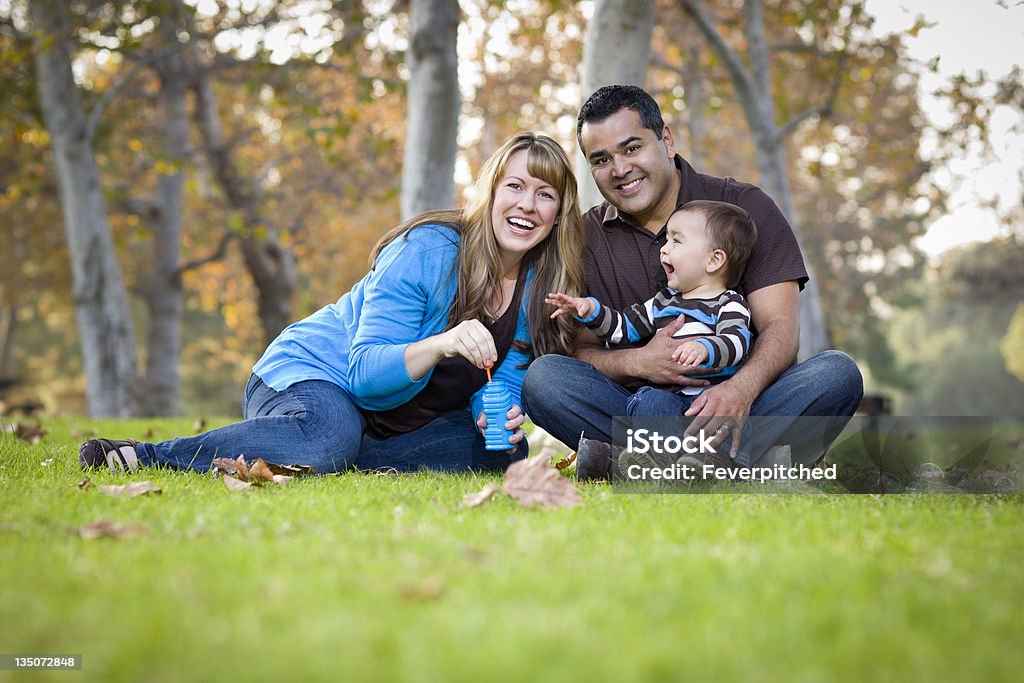 Mixed Race étnico família feliz brincando com bolhas de sabão no parque - Foto de stock de Adulto royalty-free