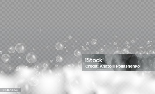 istock Symbol of purity. Bath laundry white bubbles, shampoo soap foam clean bubbling shiny washing hygiene detergent. 1350730261