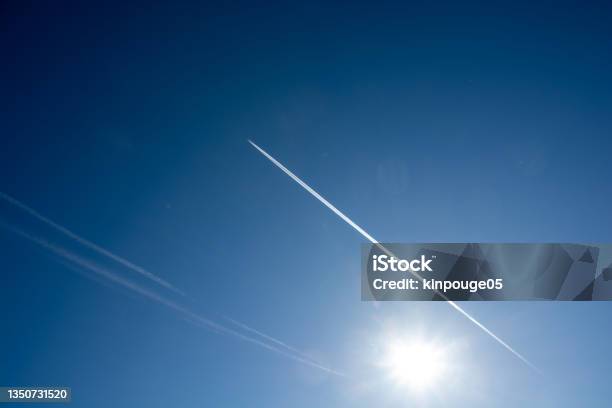 Rime On A Sunny Winter Morning And Contrail Stock Photo - Download Image Now - Air Vehicle, Airplane, Backgrounds