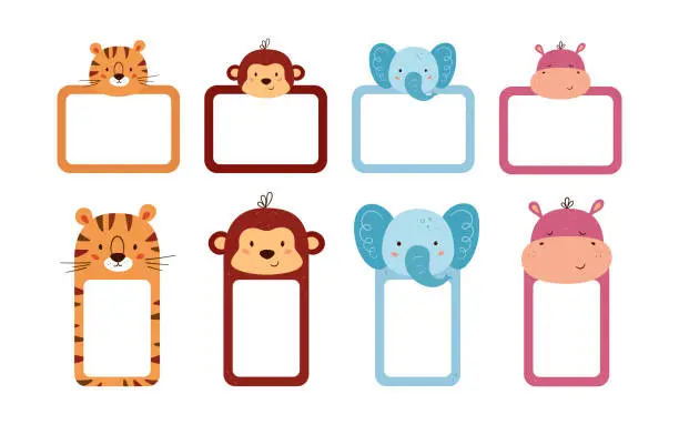 Vector illustration of Set of cute photo frames and note paper decorated animal heads. Cute animals sheet templates for diary, timetable, memo. Box with space for text. Vector illustrations isolated on white background