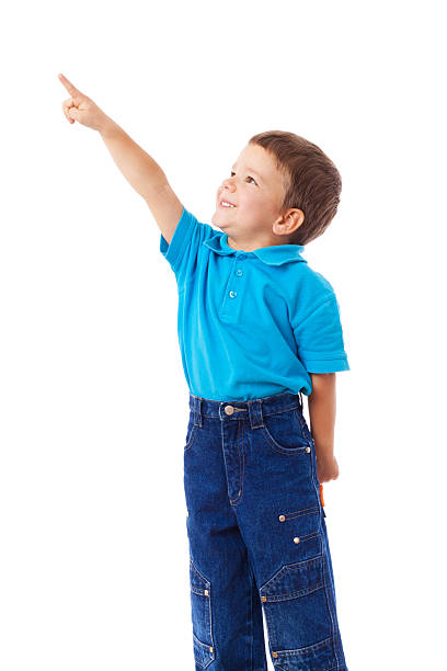 little boy with vacío de mano apuntando lifted - arms lifted fotografías e imágenes de stock