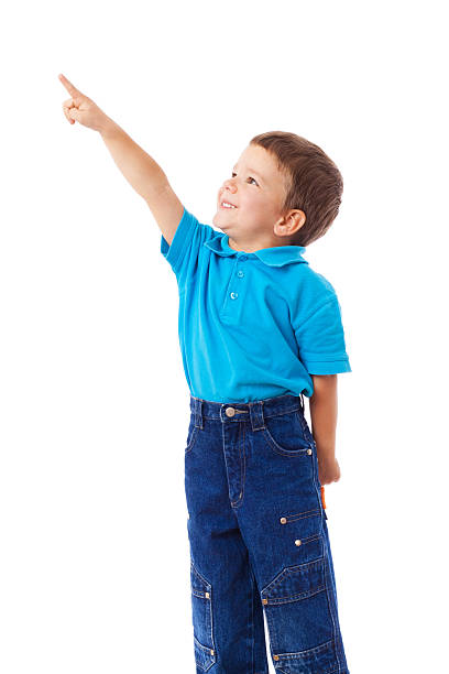 istock Little boy with empty pointing lifted up hand 135073353