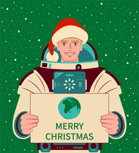 산타 모자를 쓰고 지구 상징과 메리 크리스마스 텍스트가 새겨진 표지판을 들고 있는 잘생긴 우주 비행사(우주인)가 웃고 있습니다. - nasa nasa kennedy space center sign space stock illustrations