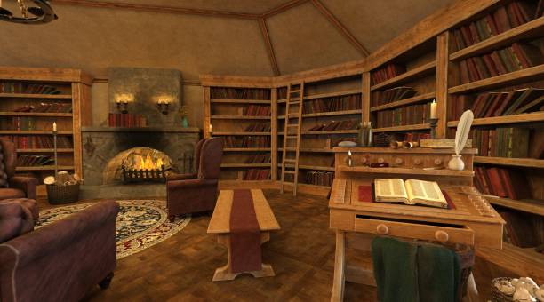 istock Old library vintage interior 3d illustration 1350737091