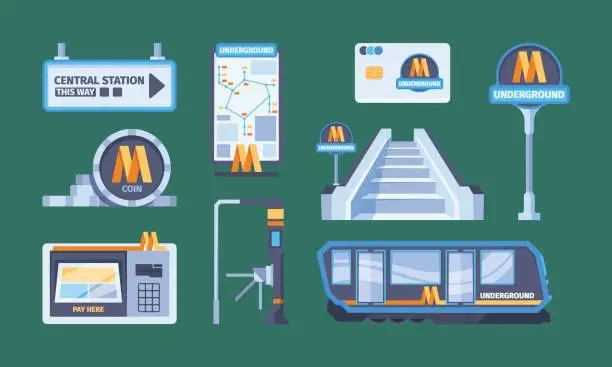 Vector illustration of Metro system. Urban city subway elements train baggage passengers metropolitan rails transport metro bus stairs turnsite garish vector flat illustrations