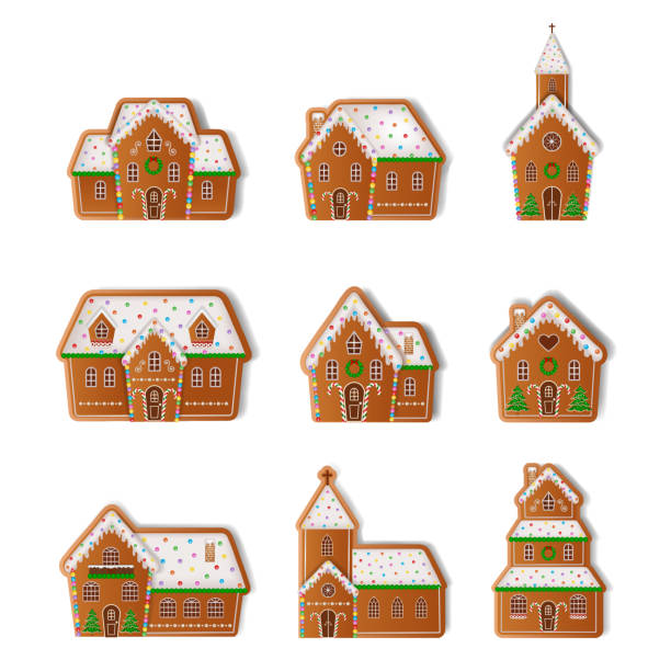 set of isolated gingerbread houses and churches. christmas gingerbread cookies set of isolated gingerbread houses and churches. christmas gingerbread cookies vector gingerbread house stock illustrations