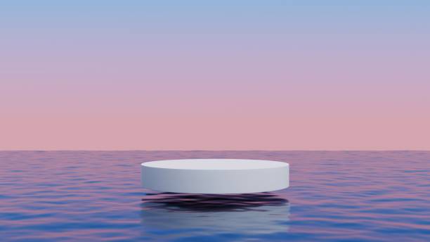 White cylinder podium floating above the ocean.Abstract minimal surreal background.3d rendering illustration.