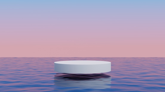 White cylinder podium floating above the ocean.Abstract minimal surreal background.3d rendering illustration.