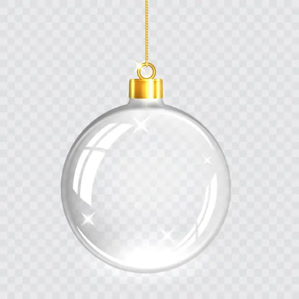 Vector illustration of Christmas tree toy. Transparent glass Christmas ball hangs from a gold chain. Isolation on a checkered background