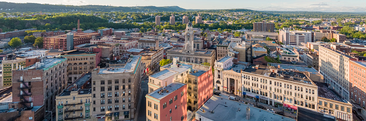 Aerial panoramic high-angle view of Paterson, Passaic County, New Jersey, USA on a sunny day.
