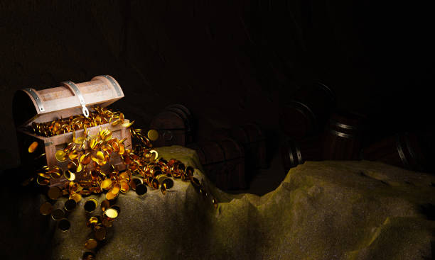 golden coins and vintage treasure chest made of wooden panels reinforced with gold metal and gold pins treasure boxes placed on the sand in a cave or treasure chest underwater. 3d rendering - antiquities imagens e fotografias de stock