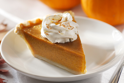 A slice of pumpkin pie with whipped cream on top sprinkled with cinnamon.