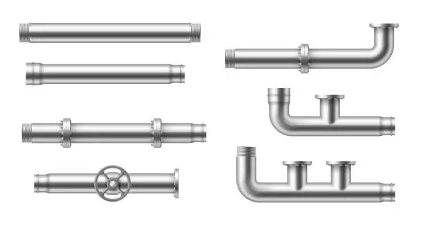 Vector illustration of Realistic pipes. Water tube pipelines with valves, joints and connections, plumbing steel elements